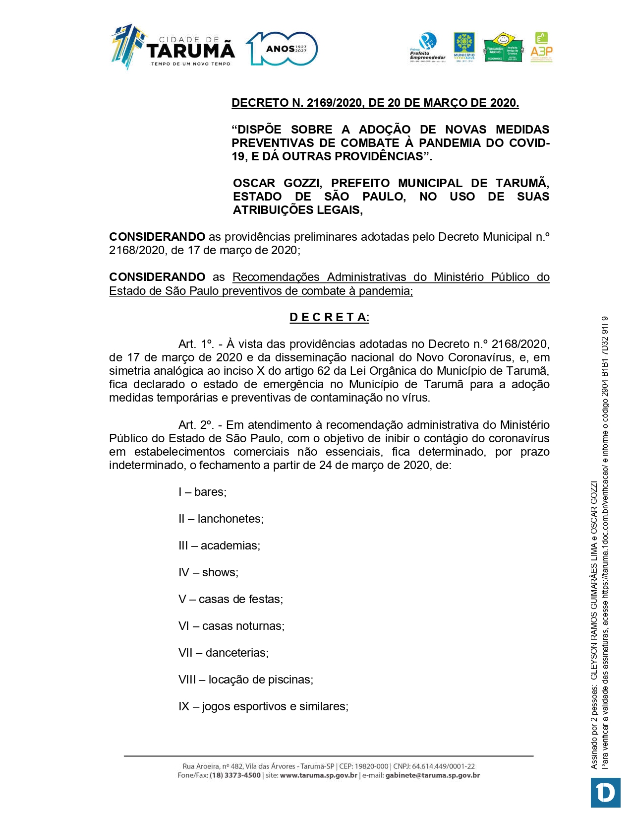DECRETO N. 2169/2020, DE 20 DE MARÇO DE 2020